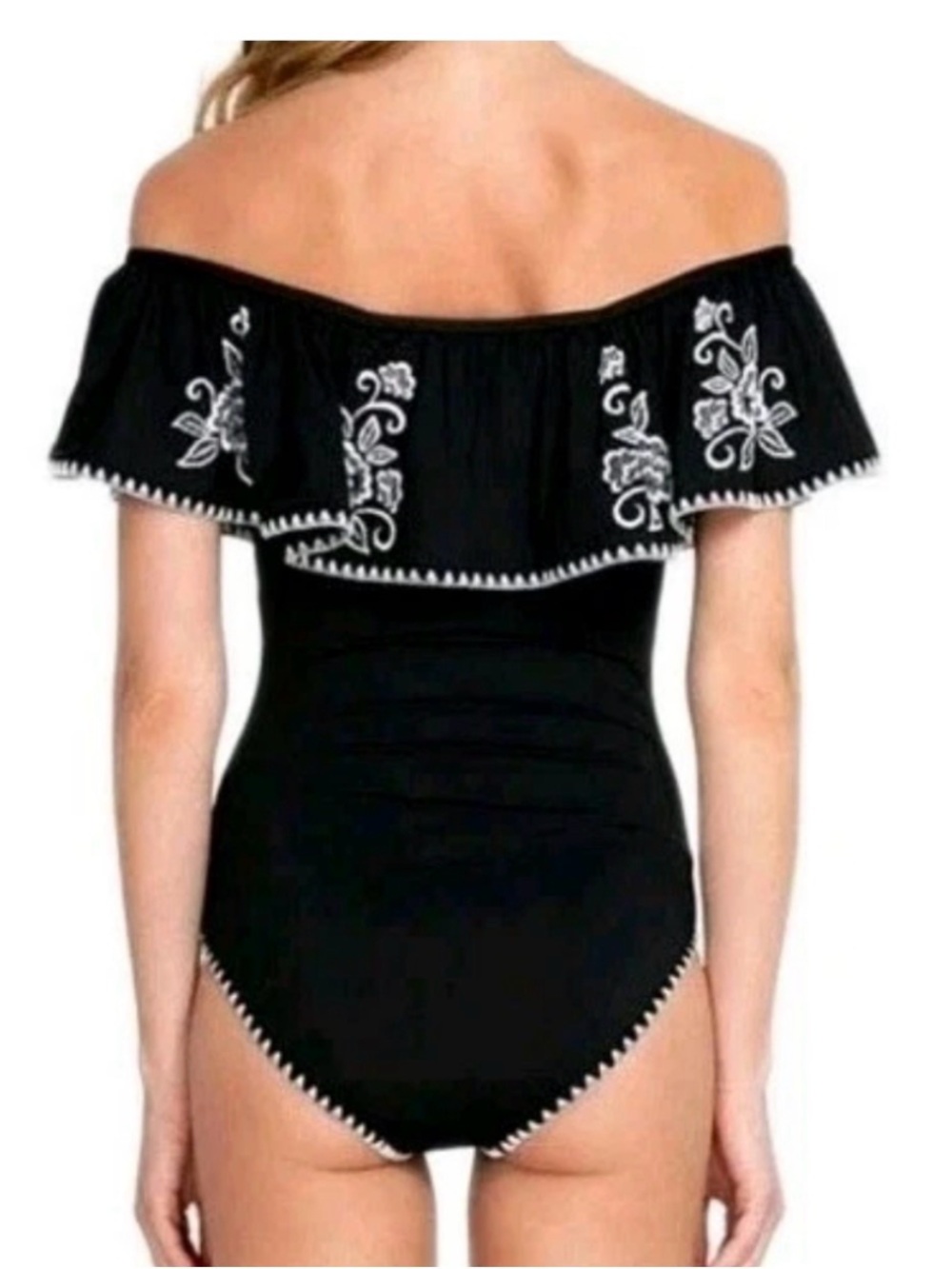 Johnny Was Wireless Floral Embroidered Off Shoulder Sofia Swimsuit Large Black - Picture 2 of 11